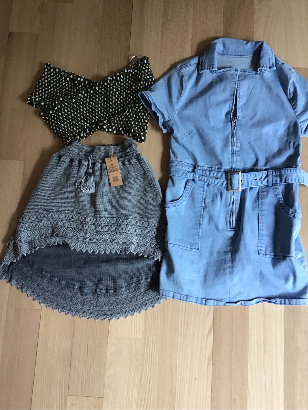 Lot of 3-denim dress, cotton skirt, carver top all size sm/ med